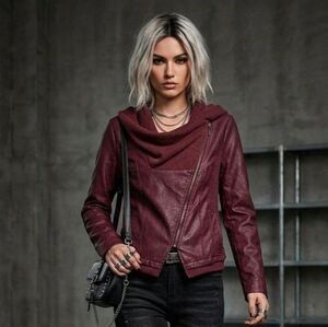 JouJou Burgundy Faux Leather Asymmetrical Moto Jacket - Size Small